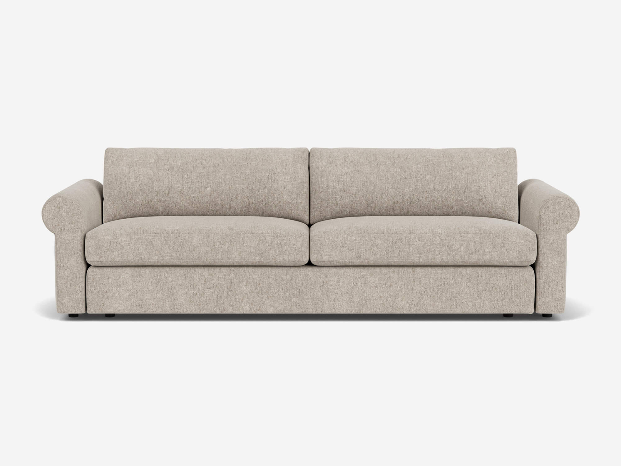 Front view of light grey 2-seat sofa with roll arms